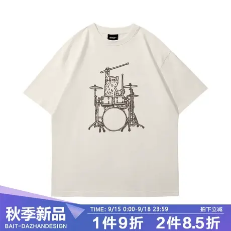 日系中性风情侣短袖INS风涂鸦架子鼓猫咪港潮圆领五分袖打底衫夏商品大图