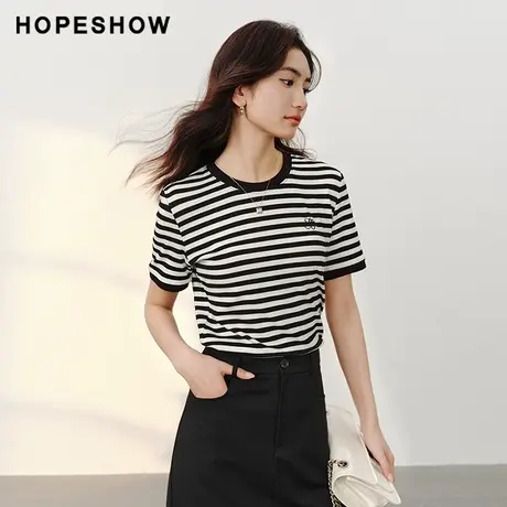 红袖条纹字母绣圆领T恤女hopeshow2024春季新款套头休闲打底上衣商品大图