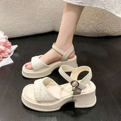 粗跟凉鞋女款夏季新款厚底小个子一字带高跟鞋气质配裙子坡跟女鞋图片