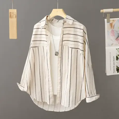 早春新款衬衣条纹衬衫女中长款2024年爆款装慵懒风薄外套宽松上衣图片
