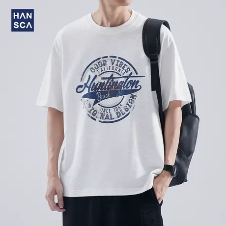 hansca 235g重磅竹节棉短袖T恤男夏季潮牌字母印花透气休闲上衣服图片