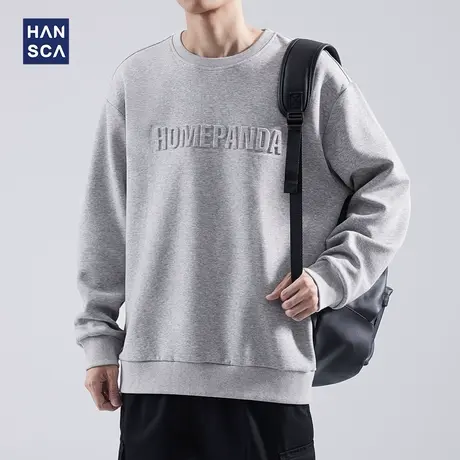 hansca美式复古钢印灰色卫衣男春季新款潮牌青少年圆领设计感上衣商品大图