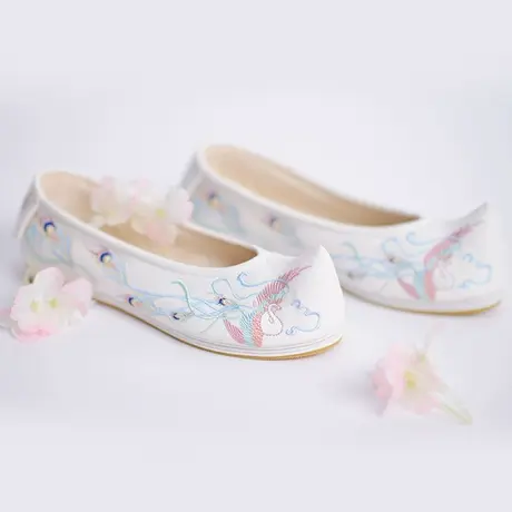 如梦霓裳汉服女装配饰绣花鞋婚鞋弓鞋翘头履布鞋翎羽平底新款商品大图