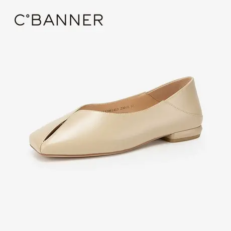 千百度方头透气浅口单鞋女2024春季新款小香风晚晚鞋平底羊皮两穿图片