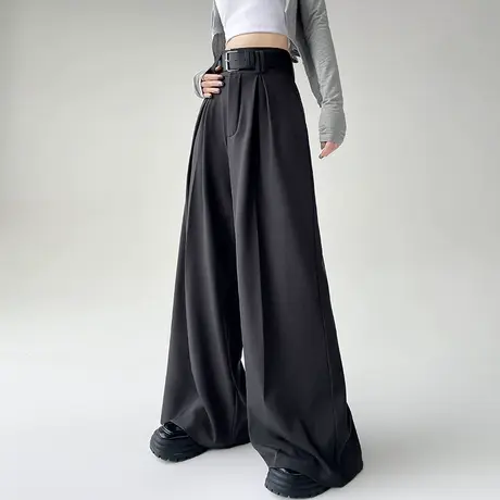 高腰压褶阔腿西装裤女春秋2024新款宽松显瘦垂感休闲大码拖地长裤商品大图