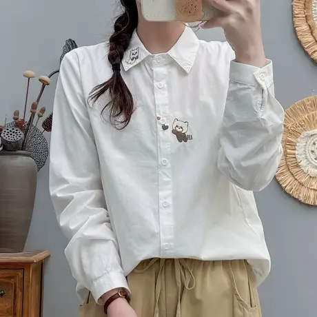 春秋新款学院风文艺小清新猫咪刺绣长袖白衬衫女宽松百搭打底上衣图片