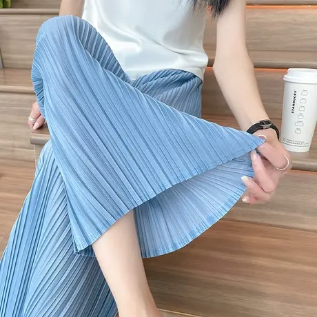 醋酸阔腿裤女春夏薄款宽松垂感褶皱九分休闲裤高腰冰丝防晒凉凉裤图片