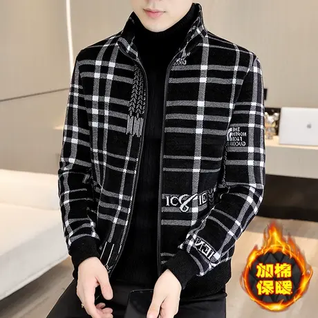 秋冬季加厚潮牌男装外套2023新款高端雪尼尔加棉保暖冬装格子夹克商品大图