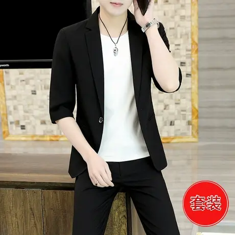 西服套装男士夏季短袖外套休闲九分裤搭配一套男装七分袖小西装潮商品大图