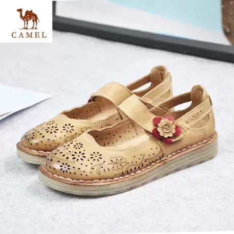 Camel/骆驼女鞋春夏季新品牛皮时尚休闲搭扣镂空妈妈鞋A101342085图片