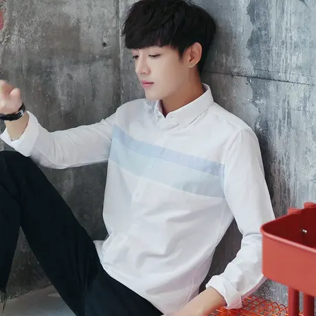 秋季衬衫男长袖潮流韩版修身青少年白衬衣休闲帅气男装寸衫上衣服图片