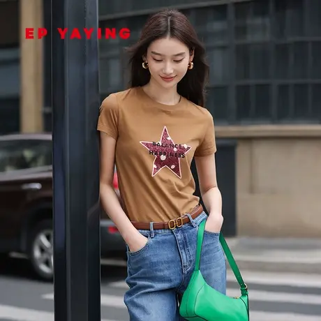 EP YAYING雅莹女装 设计感星星珠片绣字母T恤 2023秋季新款5313A图片