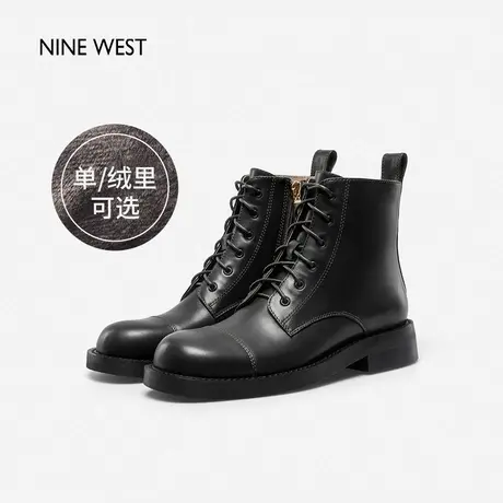 Nine West/玖熙低跟短靴女2023秋冬加绒牛皮侧拉链圆头短筒马丁靴商品大图