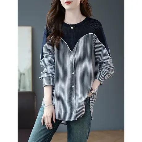 宝诗黎圆领针织拼接套头竖条纹衬衣女早秋长袖宽松上衣2023年新款商品大图