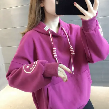 新款卫衣2023秋冬口袋抽绳宽松小个子洋气百搭上衣外套加绒加厚潮商品大图