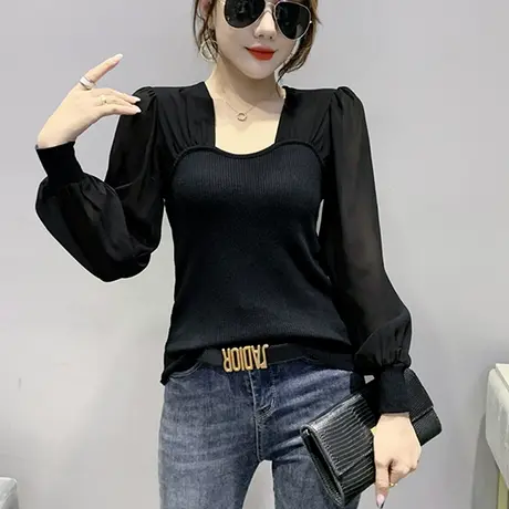 性感网纱拼接长袖t恤女ins潮小众设计感泡泡袖上衣纯色内搭打底衫商品大图