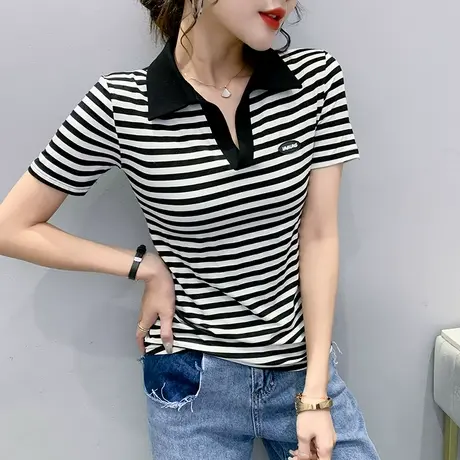条纹短袖女夏季2023新款时尚拼色T恤洋气POLO领小衫修身显瘦上衣商品大图