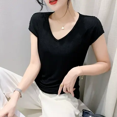 欧货性感V领短袖T恤女夏2023新款设计感手工钉珠上衣百搭纯色小衫商品大图