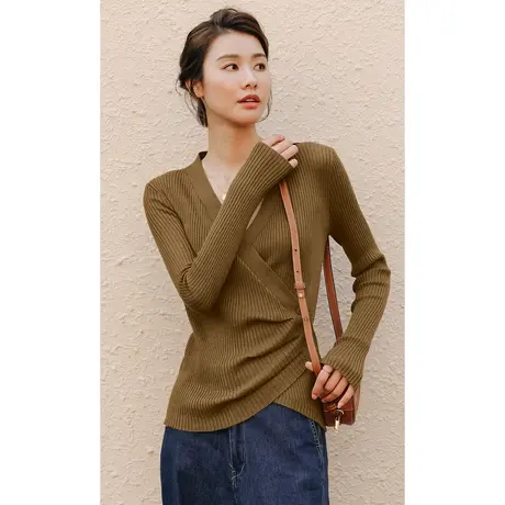 弥古法式交叉v领针织衫高级感掐腰上衣女小众设计感秋季内搭打底商品大图
