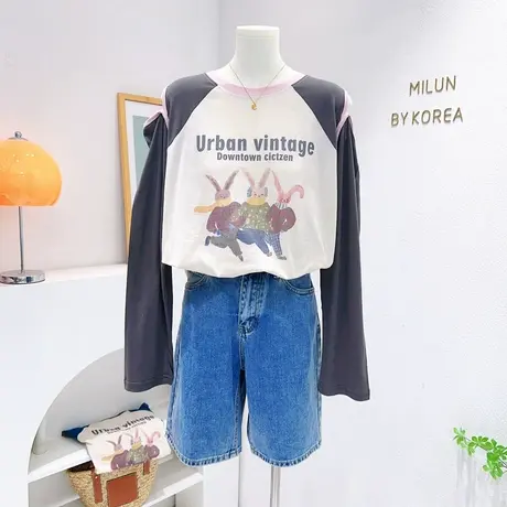 韩国东大门ins三只兔子别致洋气破洞薄款长袖T恤2023夏季防晒罩衫商品大图