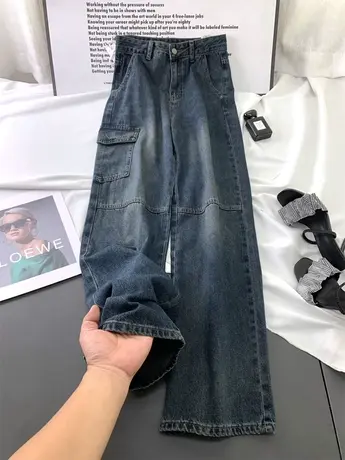 2023秋季新款牛仔工装裤女高腰显瘦大口袋磨白宽松阔腿裤bf男友裤商品大图