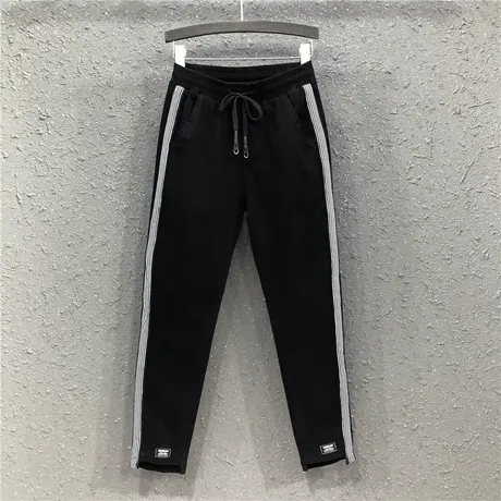 黑色休闲牛仔长裤女裤潮春夏新款个性松紧腰侧条纹宽松小脚哈伦裤图片