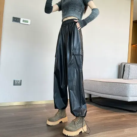 美式黑色工装皮裤女秋季新款宽松直筒高腰显瘦pu皮休闲束脚长裤子图片