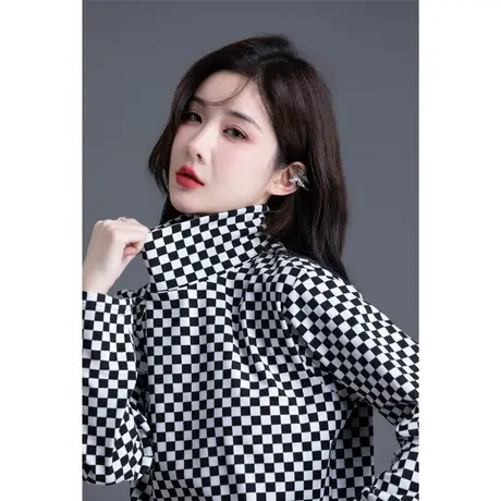 黑白棋盘格子高领德绒打底衫女秋冬2023新款内搭加厚上衣长袖t恤商品大图