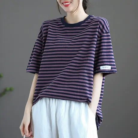 dza纯棉条纹t恤女士短袖2022初秋季宽松体恤打底衫七分袖大码上衣商品大图