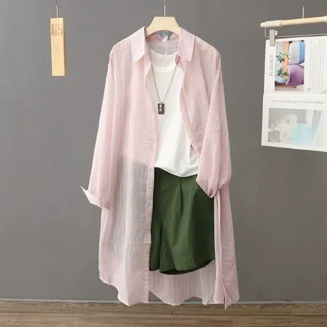 中长款粉色条纹轻薄透气防晒衫女外搭衬衫宽松防晒衣外套开衫衬衣商品大图