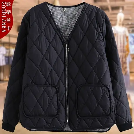 中年妈妈装秋冬装轻薄小棉衣洋气棉服加肥加大码女装V领夹棉外套商品大图