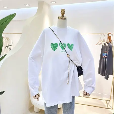 白色中长款长袖t恤女韩版宽松休闲大码纯棉磨毛打底衫春秋装上衣商品大图