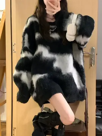 日系复古毛衣女秋冬季加厚宽松韩版设计感小众上衣慵懒风针织外套商品大图