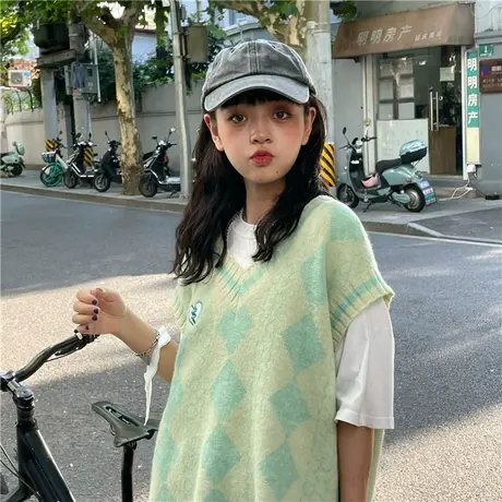 红续学院风绿色针织衫马甲女春秋季新款叠穿宽松外搭无袖毛衣背心图片
