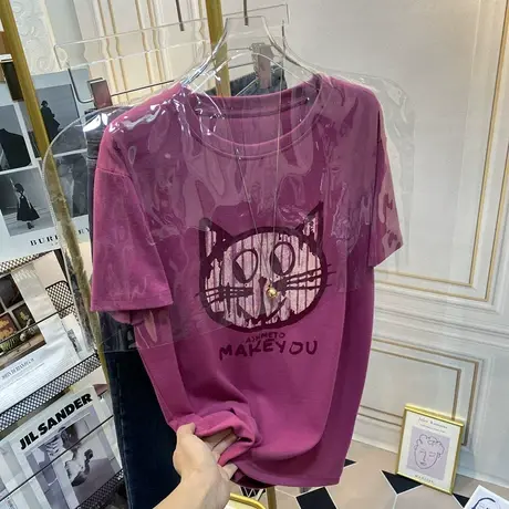 2023年新款短袖女磨毛宽松韩版猫印花内搭小众设计感半袖t恤春夏图片