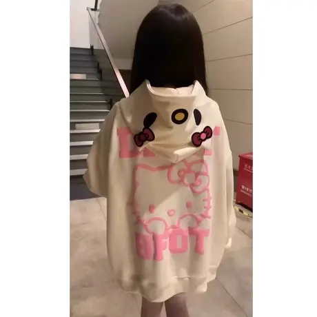 可爱卡通凯蒂猫连帽卫衣女春秋季薄款宽松慵懒风开衫拉链外套潮牌商品大图