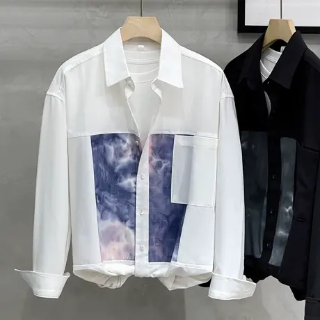 春秋季新款时尚印花设计拼接免烫翻领长袖衬衣高级感宽松男衬衫潮商品大图