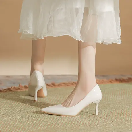 白色高跟鞋女细跟2023年新款尖头浅口法式软皮单鞋中跟职业工作鞋图片