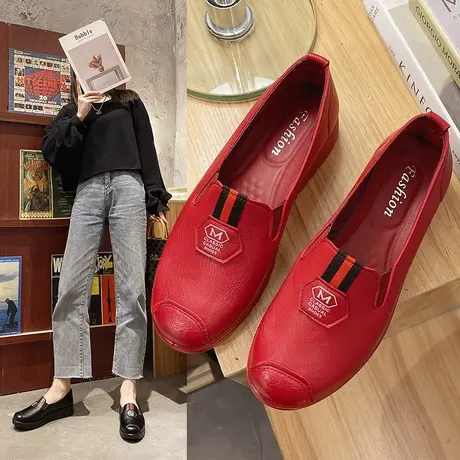 中老年单鞋女一脚蹬老北京皮鞋春夏妈妈闰月红鞋子防水休闲鞋软底商品大图
