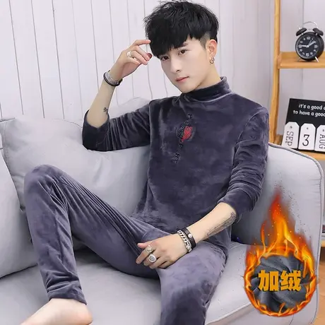 冬季金丝绒保暖内衣男士加厚加绒青年秋衣秋裤套装学生大童棉毛衫商品大图