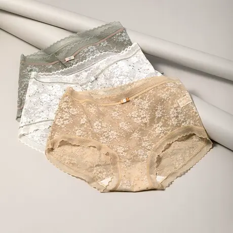 爱莎女士内裤中高腰蕾丝薄款透气裤头性感桑蚕丝裆部女士小平角款图片