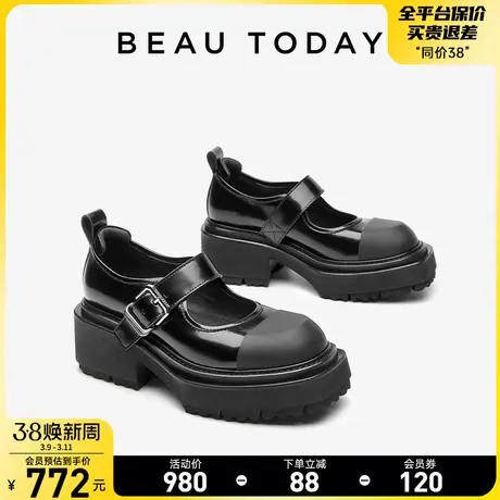 BeauToday厚底黑色玛丽珍女鞋新款复古真皮增高BT英伦风小皮鞋女商品大图