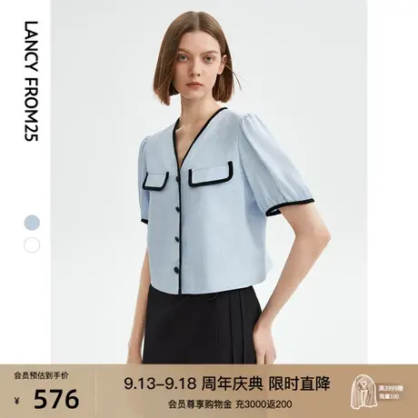 朗姿复古小香风泡泡袖短袖衬衫上衣2023年夏季新款短款内搭衬衣女商品大图