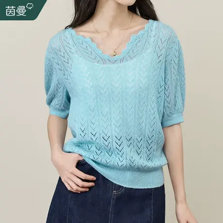 茵曼冰爽凉感v领针织T恤女2023夏季新款修身显瘦短袖上衣别致小衫图片