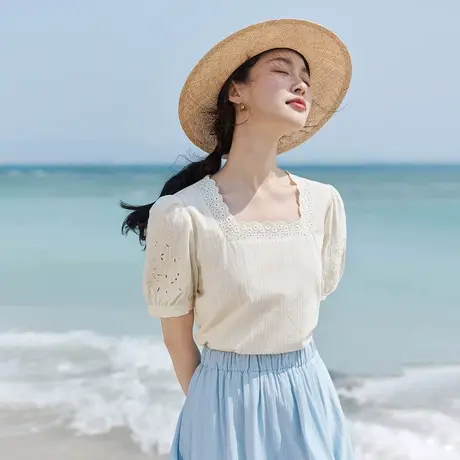 茵曼法式清新衬衣2023夏女装新款刺绣波浪花边方领镂空提花上衣商品大图