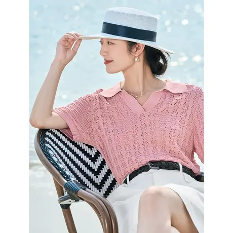 茵曼文艺POLO衫2023夏女装新款薄款镂空POLO领短袖宽松套头针织衫商品大图