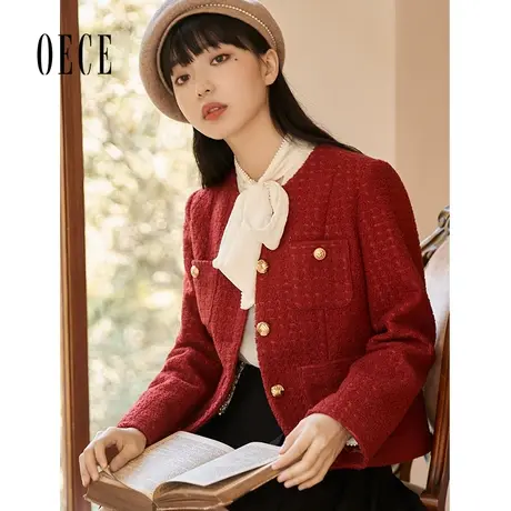 Oece小香风外套冬新款女通勤气质短款毛呢外套小个子图片