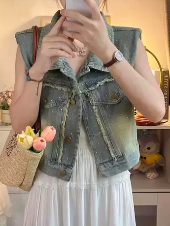 港风复古设计毛边短款牛仔马甲女2023秋季高级感纯色单排扣马夹潮商品大图