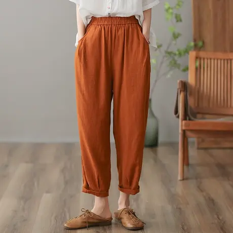 dza 高腰显瘦亚麻休闲裤女2023夏季九分直筒裤宽松百搭棉麻哈伦裤商品大图