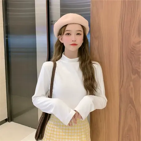 莫代尔半高领打底衫女春秋2023年新款早秋纯色内搭长袖t恤女上衣商品大图